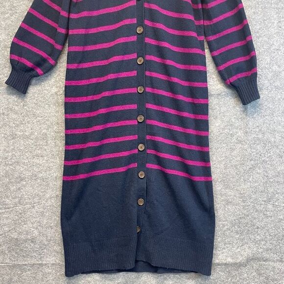 LOFT Long Cardigan Sweater Dress Women's Large Pink Navy Striped Knit Button Up - Picture 5 of 16